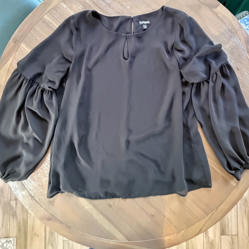 Express Black Balloon Sleeve Blouse – Keyhole Back, Flowy Chic Top - large